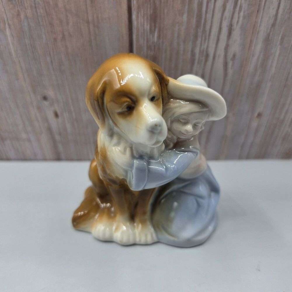 VTG Little Girl Hat Hug Saint Bernard Dog Porcelain Figurine